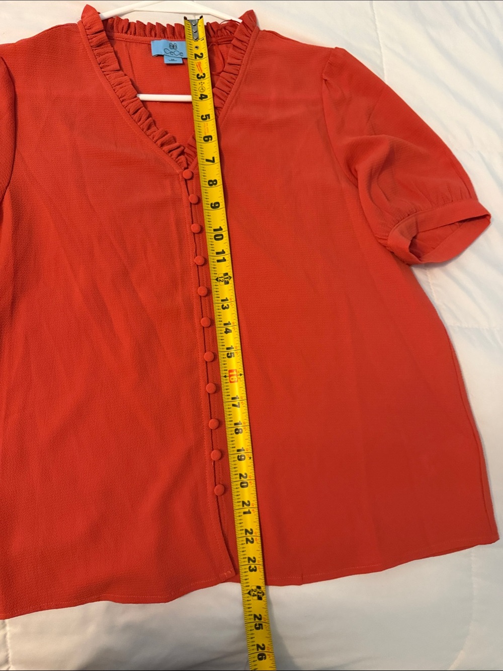 CeCe Red Ruffle V-Neck Covered Button Blouse - Picture 2 of 6